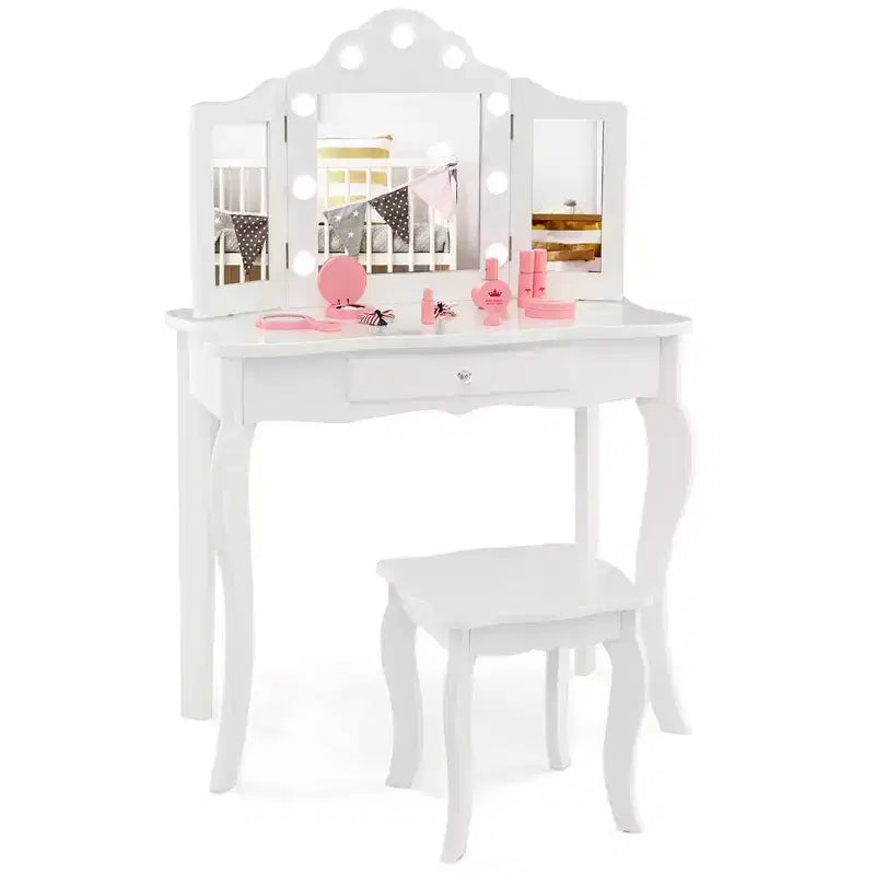 Costway Tavolino da trucco con sgabello per bambini con specchio a tre ante, luci LED regolabili a 3 colori, rosa/bianco
