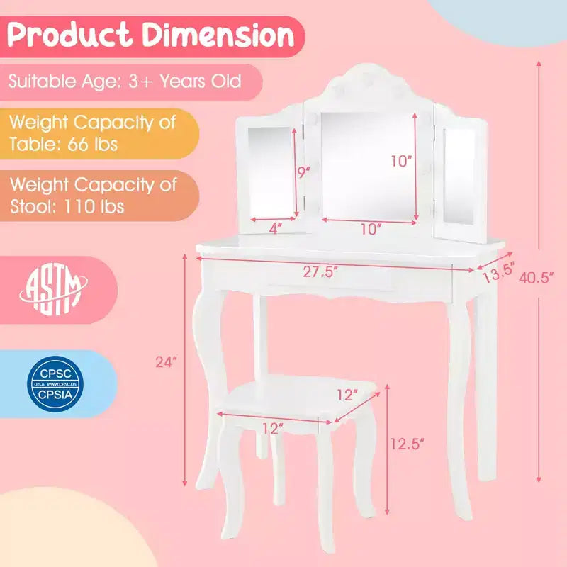 Costway Tavolino da trucco con sgabello per bambini con specchio a tre ante, luci LED regolabili a 3 colori, rosa/bianco