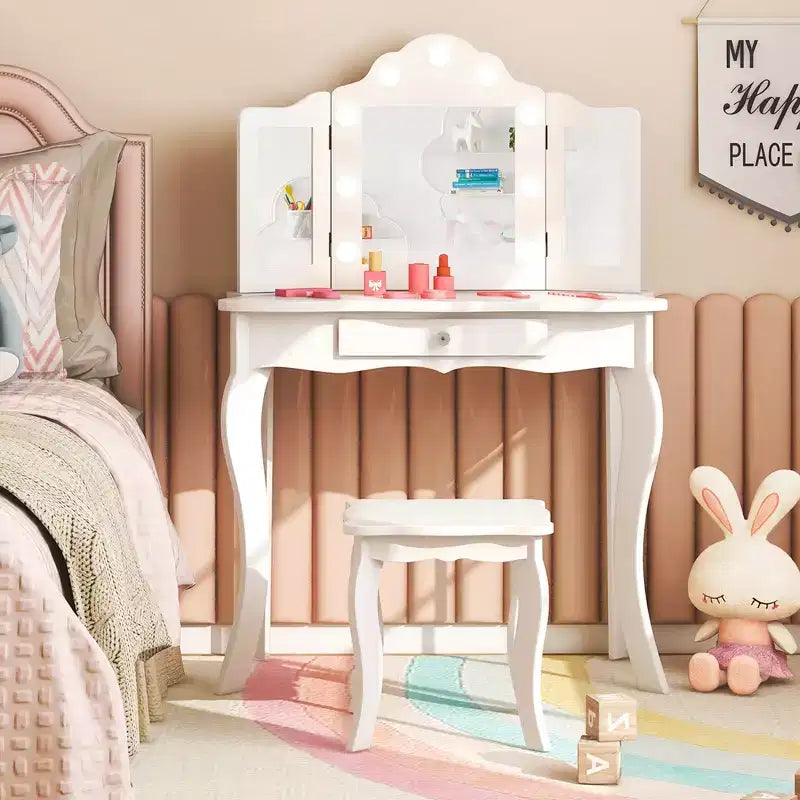 Costway Tavolino da trucco con sgabello per bambini con specchio a tre ante, luci LED regolabili a 3 colori, rosa/bianco