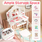 Costway Tavolino da trucco con sgabello per bambini con specchio a tre ante, luci LED regolabili a 3 colori, rosa/bianco