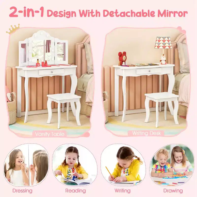 Costway Tavolino da trucco con sgabello per bambini con specchio a tre ante, luci LED regolabili a 3 colori, rosa/bianco