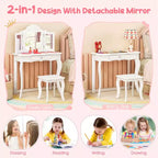 Costway Tavolino da trucco con sgabello per bambini con specchio a tre ante, luci LED regolabili a 3 colori, rosa/bianco