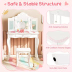 Costway Tavolino da trucco con sgabello per bambini con specchio a tre ante, luci LED regolabili a 3 colori, rosa/bianco