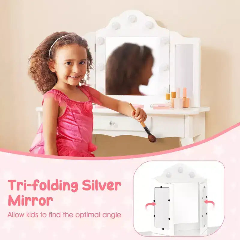 Costway Tavolino da trucco con sgabello per bambini con specchio a tre ante, luci LED regolabili a 3 colori, rosa/bianco