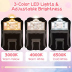 Costway Tavolino da trucco con sgabello per bambini con specchio a tre ante, luci LED regolabili a 3 colori, rosa/bianco