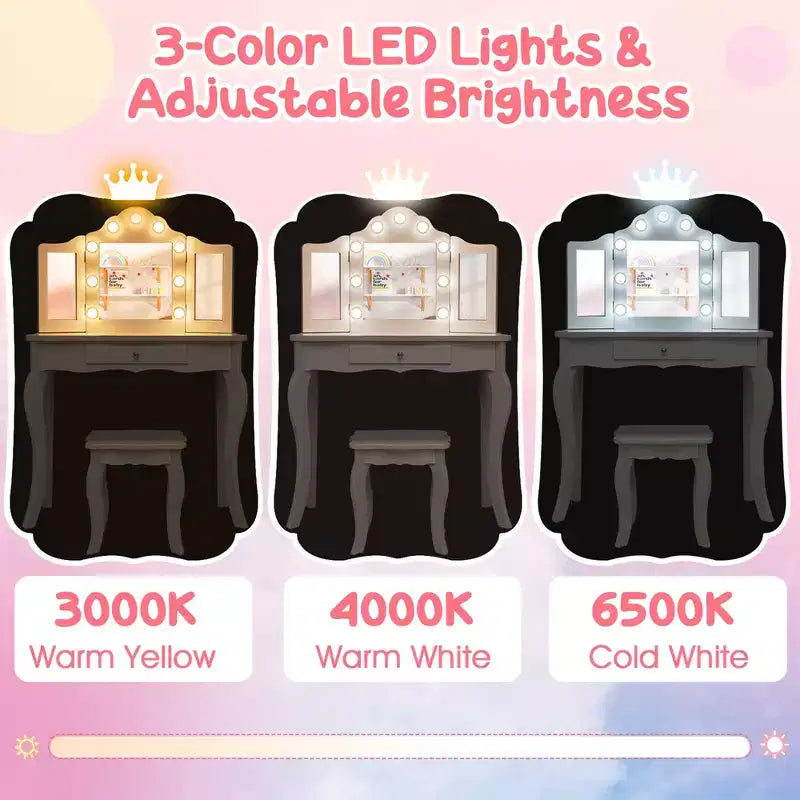 Costway Tavolino da trucco con sgabello per bambini con specchio a tre ante, luci LED regolabili a 3 colori, rosa/bianco