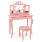 Costway Tavolino da trucco con sgabello per bambini con specchio a tre ante, luci LED regolabili a 3 colori, rosa/bianco