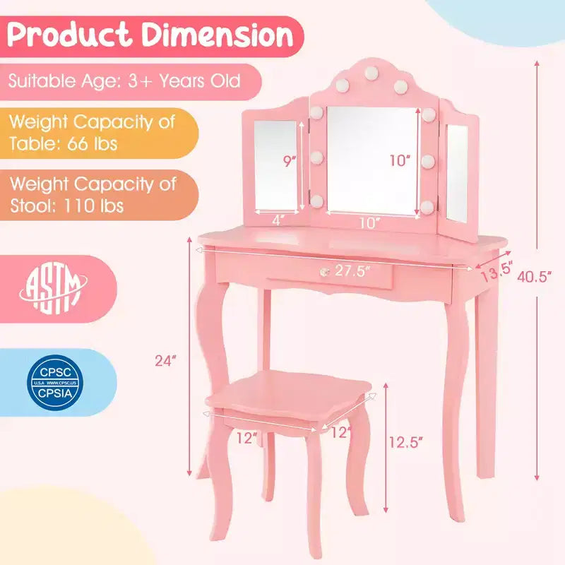 Costway Tavolino da trucco con sgabello per bambini con specchio a tre ante, luci LED regolabili a 3 colori, rosa/bianco