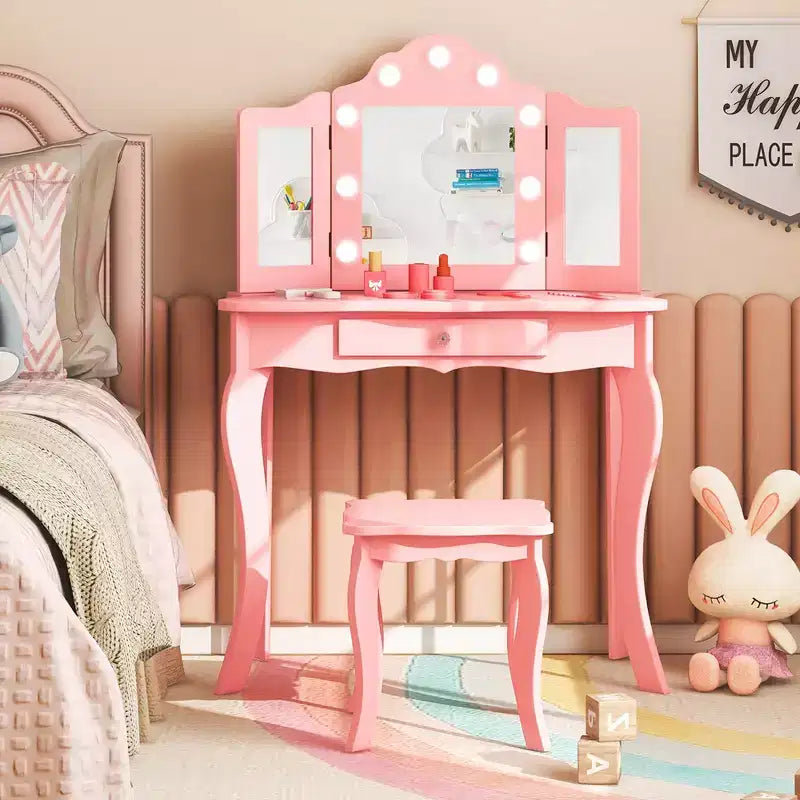 Costway Tavolino da trucco con sgabello per bambini con specchio a tre ante, luci LED regolabili a 3 colori, rosa/bianco