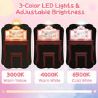 Costway Tavolino da trucco con sgabello per bambini con specchio a tre ante, luci LED regolabili a 3 colori, rosa/bianco