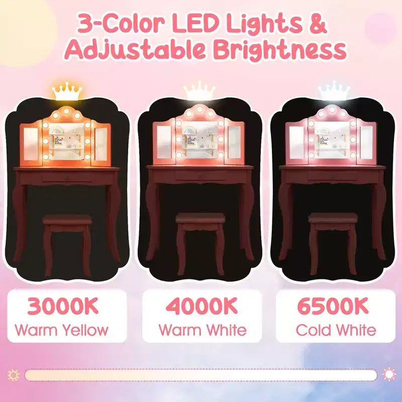 Costway Tavolino da trucco con sgabello per bambini con specchio a tre ante, luci LED regolabili a 3 colori, rosa/bianco