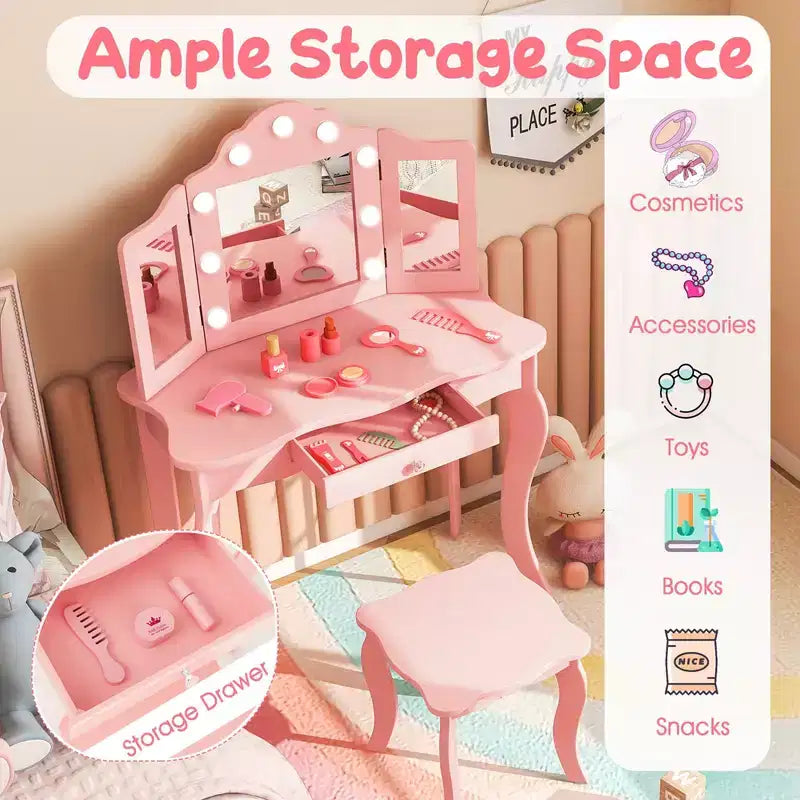 Costway Tavolino da trucco con sgabello per bambini con specchio a tre ante, luci LED regolabili a 3 colori, rosa/bianco