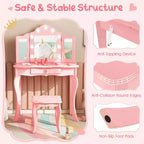 Costway Tavolino da trucco con sgabello per bambini con specchio a tre ante, luci LED regolabili a 3 colori, rosa/bianco
