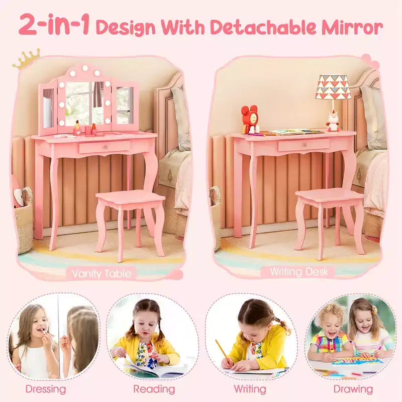 Costway Tavolino da trucco con sgabello per bambini con specchio a tre ante, luci LED regolabili a 3 colori, rosa/bianco