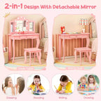 Costway Tavolino da trucco con sgabello per bambini con specchio a tre ante, luci LED regolabili a 3 colori, rosa/bianco