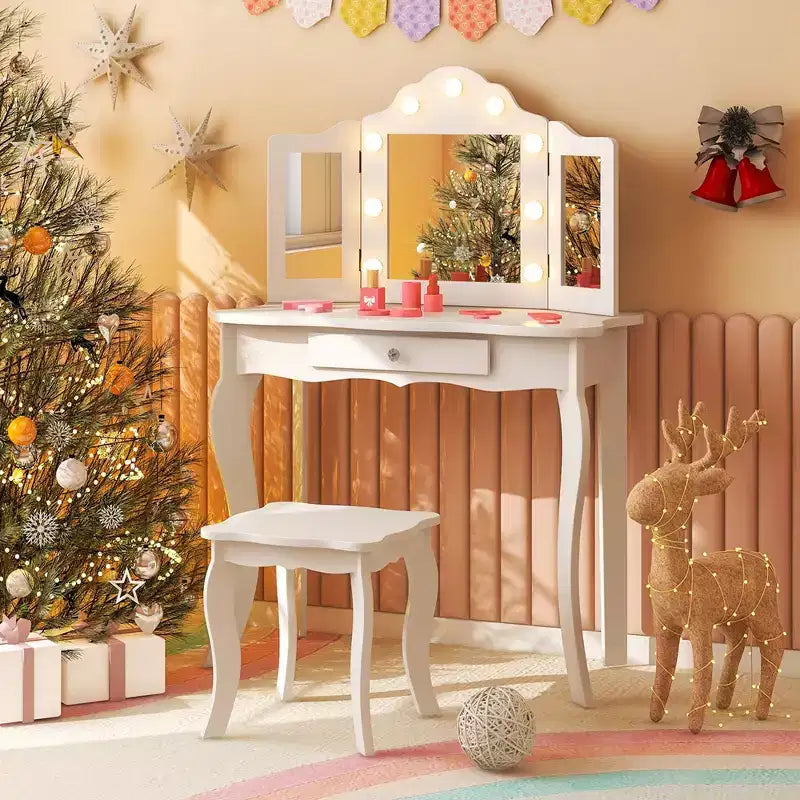 Costway Tavolino da trucco con sgabello per bambini con specchio a tre ante, luci LED regolabili a 3 colori, rosa/bianco