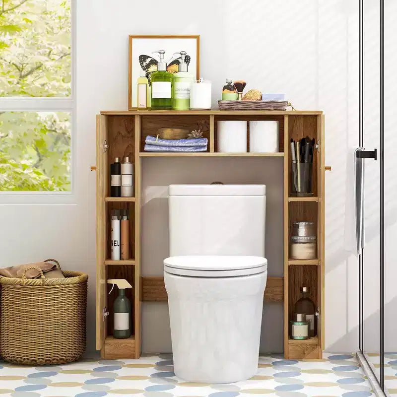 Costway Mobiletto da Bagno Salvaspazio Sopra Water Armadietto WC a 2 Ante con Ripiano Regolabile, Bianco/Naturale