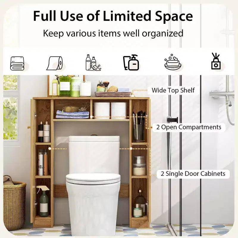 Costway Mobiletto da Bagno Salvaspazio Sopra Water Armadietto WC a 2 Ante con Ripiano Regolabile, Bianco/Naturale