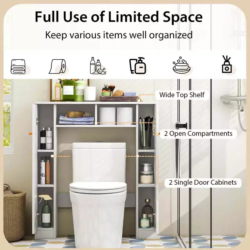 Costway Mobiletto da Bagno Salvaspazio Sopra Water Armadietto WC a 2 Ante con Ripiano Regolabile, Bianco/Naturale
