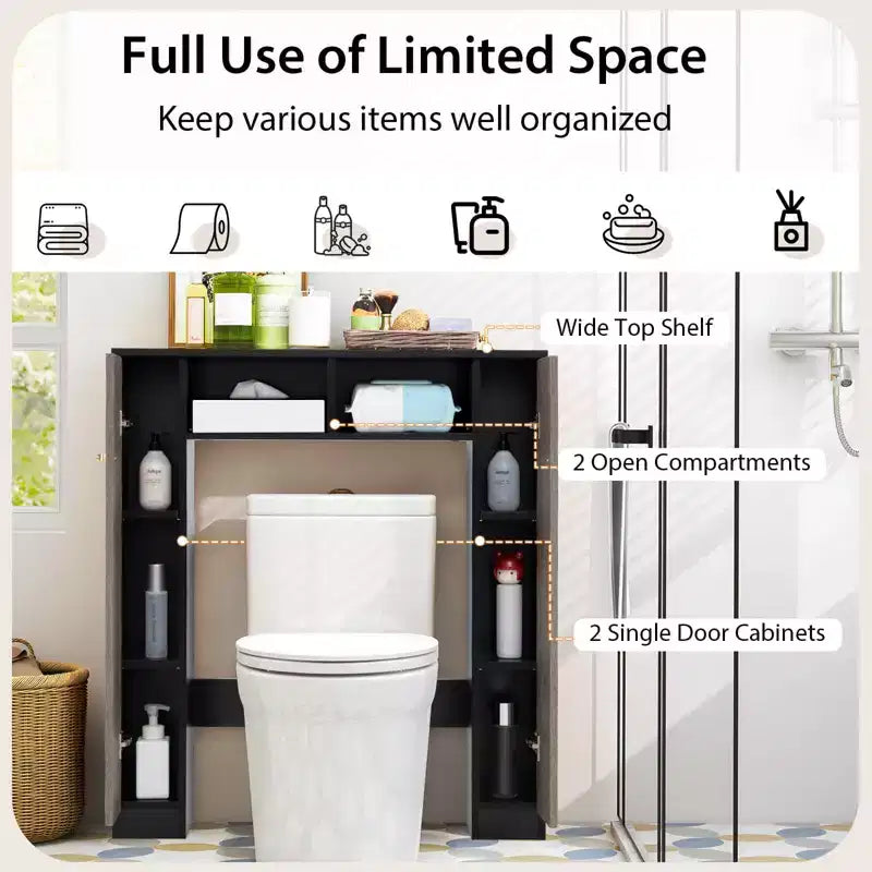 Costway Mobiletto da Bagno Salvaspazio Sopra Water Armadietto WC a 2 Ante con Ripiano Regolabile, Bianco/Naturale