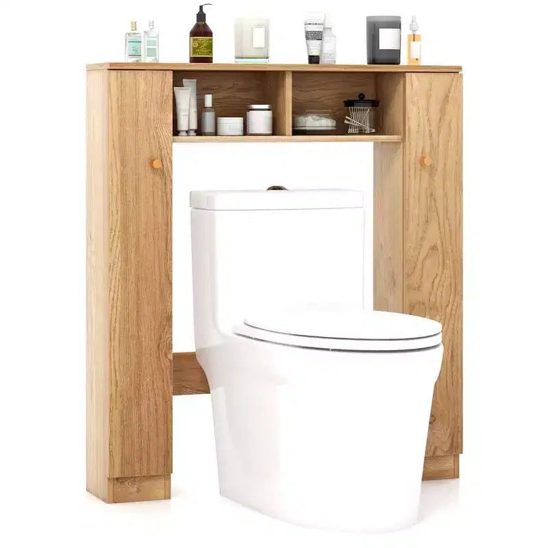 Costway Mobiletto da Bagno Salvaspazio Sopra Water Armadietto WC a 2 Ante con Ripiano Regolabile, Bianco/Naturale