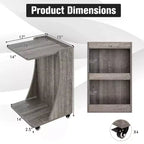 Costway Tavolino Laterale con Ruote, Tavolino C-shaped Mobile con 2 Ripiani Aperti e 2 Vani Contenitori Posteriori Marrone/Grigio