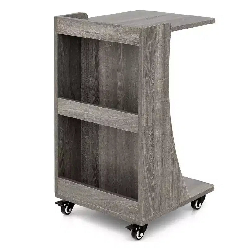 Costway Tavolino Laterale con Ruote, Tavolino C-shaped Mobile con 2 Ripiani Aperti e 2 Vani Contenitori Posteriori Marrone/Grigio