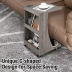 Costway Tavolino Laterale con Ruote, Tavolino C-shaped Mobile con 2 Ripiani Aperti e 2 Vani Contenitori Posteriori Marrone/Grigio