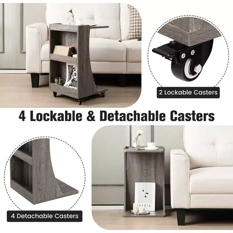 Costway Tavolino Laterale con Ruote, Tavolino C-shaped Mobile con 2 Ripiani Aperti e 2 Vani Contenitori Posteriori Marrone/Grigio