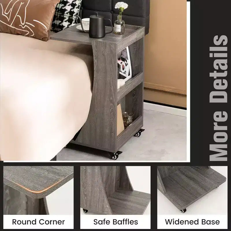 Costway Tavolino Laterale con Ruote, Tavolino C-shaped Mobile con 2 Ripiani Aperti e 2 Vani Contenitori Posteriori Marrone/Grigio