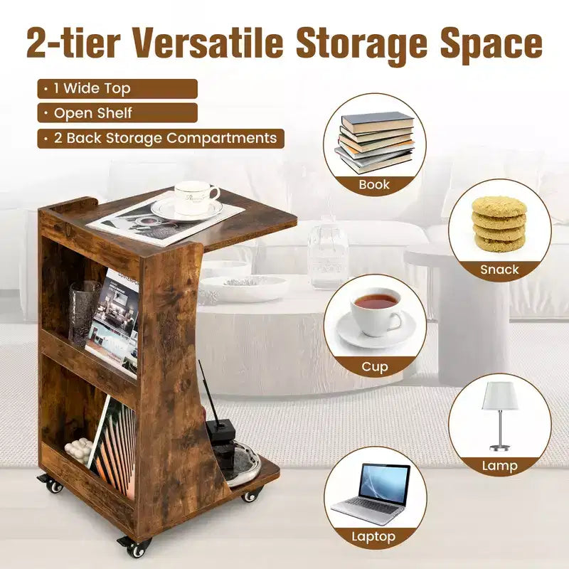 Costway Tavolino Laterale con Ruote, Tavolino C-shaped Mobile con 2 Ripiani Aperti e 2 Vani Contenitori Posteriori Marrone/Grigio