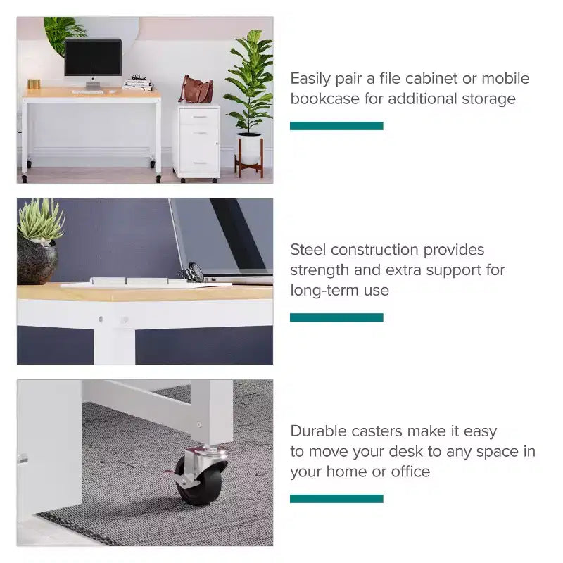 Scrivania mobile in metallo da 48 pollici di larghezza per ufficio domestico con piano in acero - Soluzioni Salvaspazio