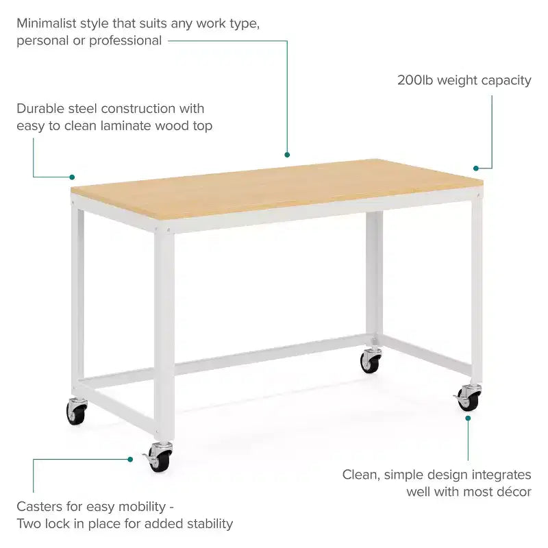 Scrivania mobile in metallo da 48 pollici di larghezza per ufficio domestico con piano in acero - Soluzioni Salvaspazio