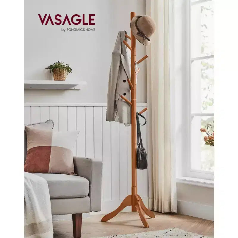VASAGLE Appendiabiti da Terra Autoportante in Legno Massiccio con 8 Ganci