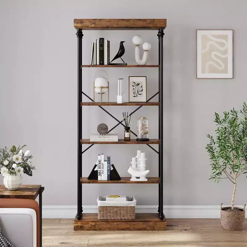Whizmax Libreria Industriale con Ripiani in Legno a 6 Livelli, Scaffale Aperto con Cornice in Metallo per Camera da Letto, Soggiorno e Ufficio Domestico