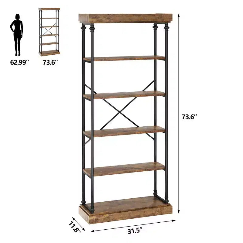 Whizmax Libreria Industriale con Ripiani in Legno a 6 Livelli, Scaffale Aperto con Cornice in Metallo per Camera da Letto, Soggiorno e Ufficio Domestico