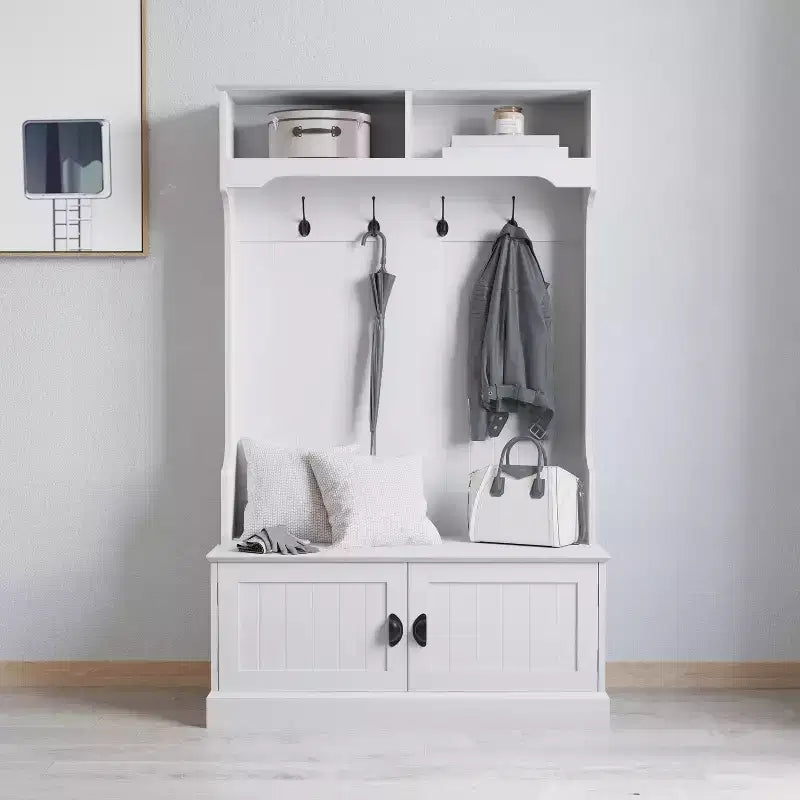 Merrick Lane Hallway Tree with Bench Seating, 4 Double Coat Hooks, Upper Storage and Double Door Under Bench Storage