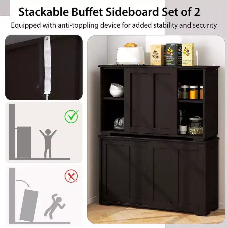 Set di 2 Madie a Buffet Impilabili Costway con Ante Scorrevoli e Ripiano Regolabile Marrone/Nero/Grigio/Bianco Antico