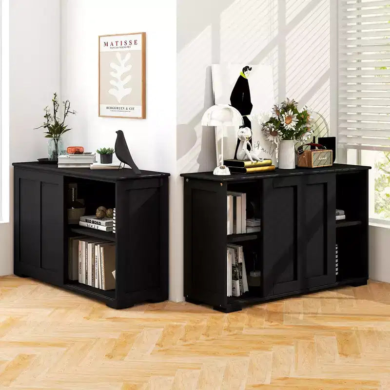 Set di 2 Madie a Buffet Impilabili Costway con Ante Scorrevoli e Ripiano Regolabile Marrone/Nero/Grigio/Bianco Antico