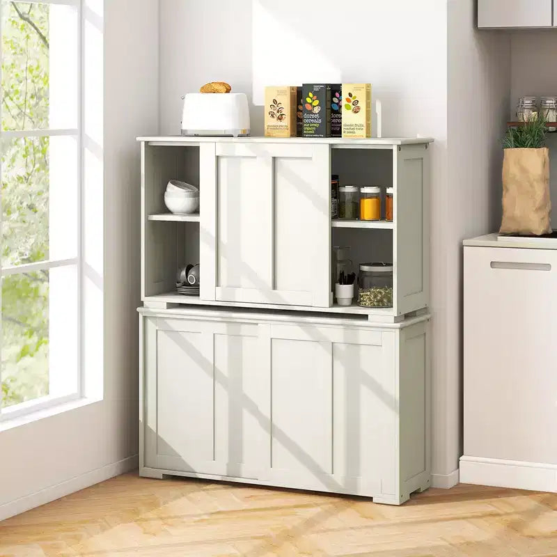 Set di 2 Madie a Buffet Impilabili Costway con Ante Scorrevoli e Ripiano Regolabile Marrone/Nero/Grigio/Bianco Antico