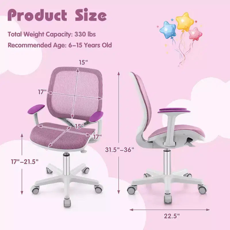 Costway Sedia da scrivania girevole per bambini in rete, sedia da computer per bambini con altezza regolabile, blu/rosa/viola