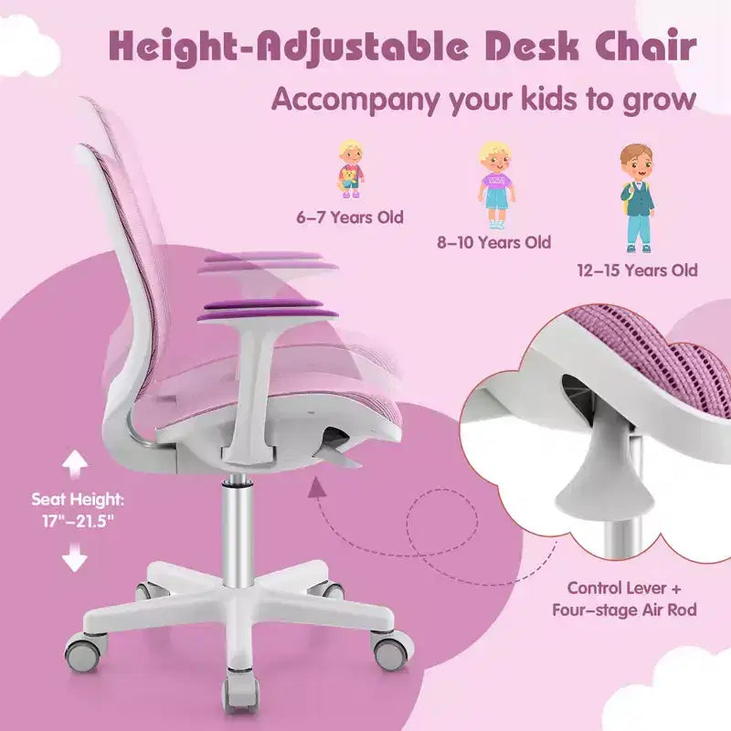 Costway Sedia da scrivania girevole per bambini in rete, sedia da computer per bambini con altezza regolabile, blu/rosa/viola
