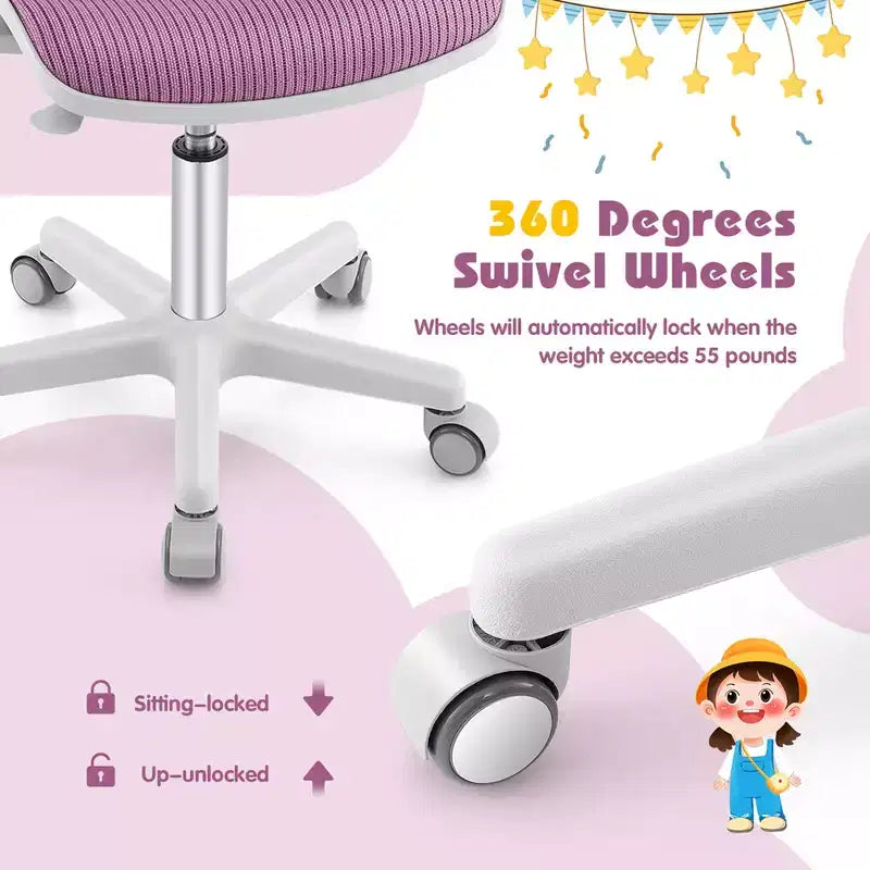 Costway Sedia da scrivania girevole per bambini in rete, sedia da computer per bambini con altezza regolabile, blu/rosa/viola