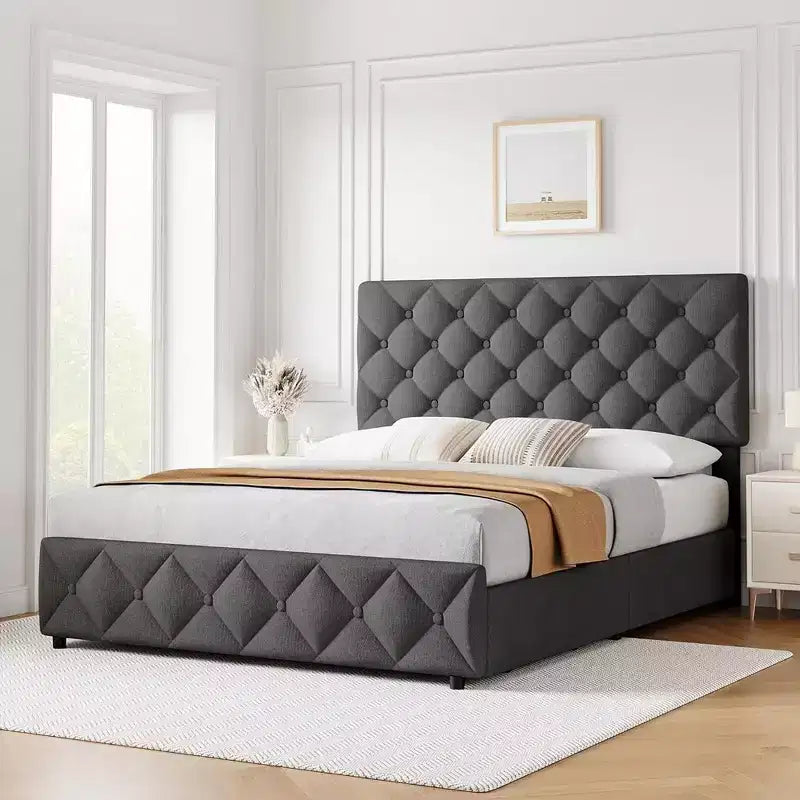 Whizmax - Letto a piattaforma imbottito in lino con 4 cassetti e testiera, trapuntato a bottoni con motivo a diamante, grigio