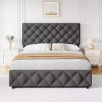 Whizmax - Letto a piattaforma imbottito in lino con 4 cassetti e testiera, trapuntato a bottoni con motivo a diamante, grigio