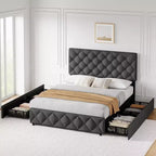 Whizmax - Letto a piattaforma imbottito in lino con 4 cassetti e testiera, trapuntato a bottoni con motivo a diamante, grigio