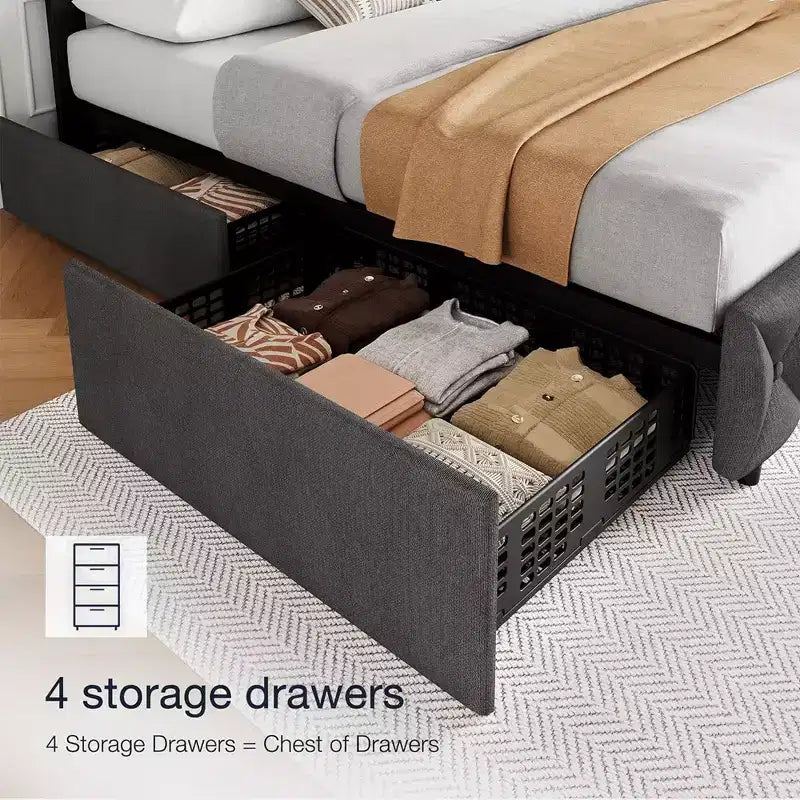 Whizmax - Letto a piattaforma imbottito in lino con 4 cassetti e testiera, trapuntato a bottoni con motivo a diamante, grigio