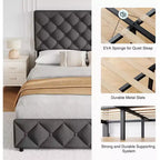 Whizmax - Letto a piattaforma imbottito in lino con 4 cassetti e testiera, trapuntato a bottoni con motivo a diamante, grigio