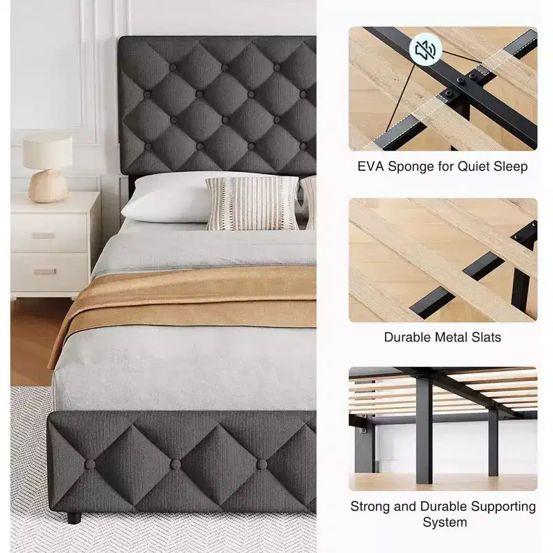 Whizmax - Letto a piattaforma imbottito in lino con 4 cassetti e testiera, trapuntato a bottoni con motivo a diamante, grigio
