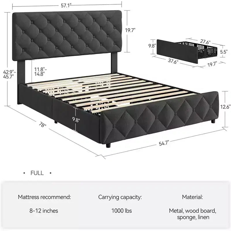 Whizmax - Letto a piattaforma imbottito in lino con 4 cassetti e testiera, trapuntato a bottoni con motivo a diamante, grigio
